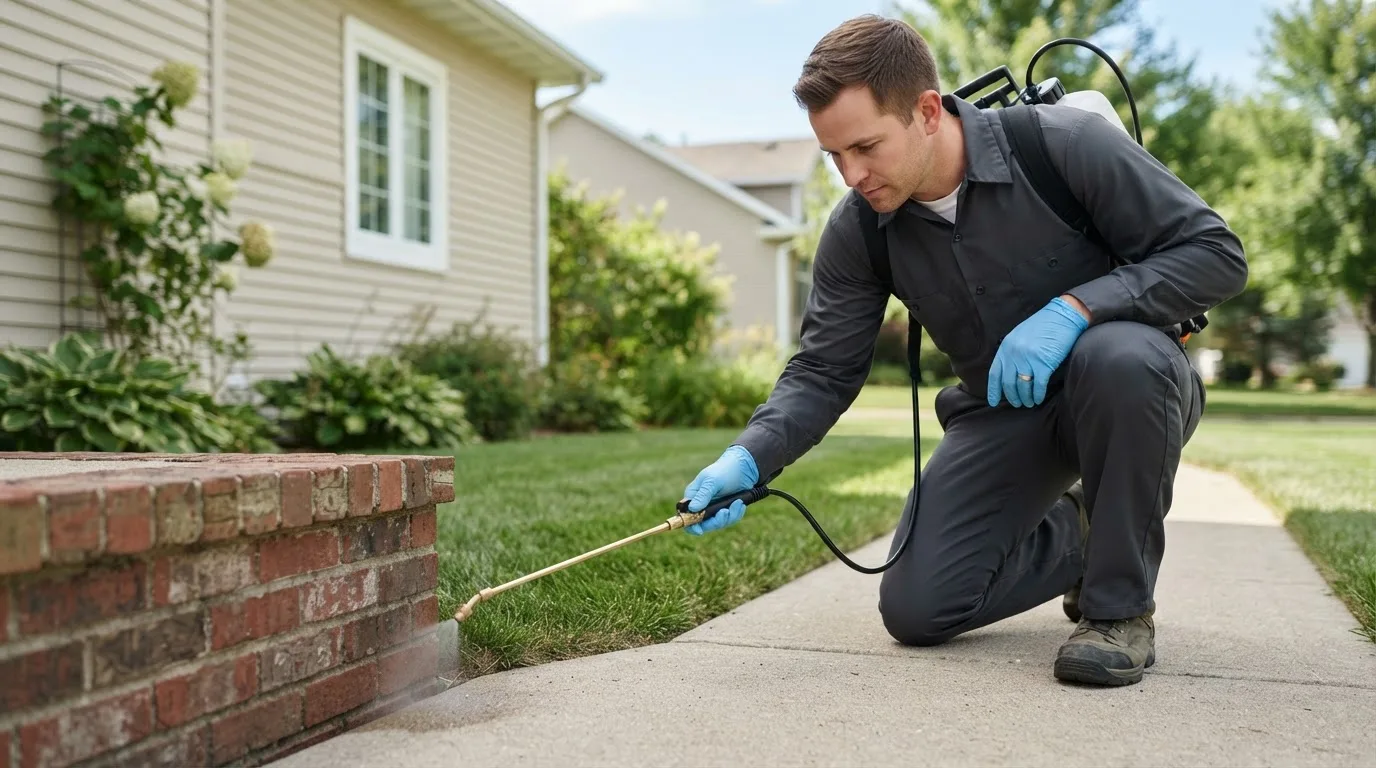 Pest control technician treating a home near Lowry City, MO