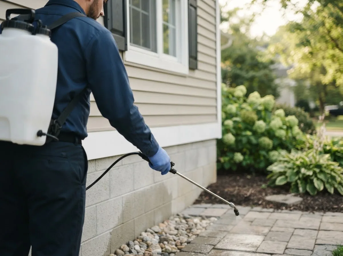 Pest control technician inspecting a home in Lowry City, MO